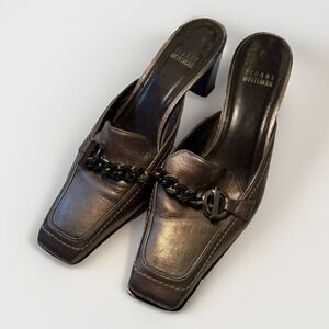 VTG Stuart Weitzman Y2K‎ Grey Leather Square Toe Mule Heels Chain Detail Sz 7